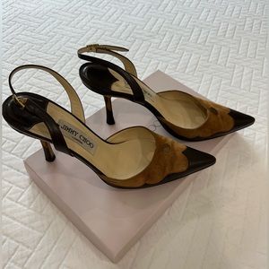 Jimmy Choo - chocolate leather & camel sling-backs - size 9